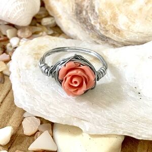 Pink Rose Silver Wire Wrapped Ring